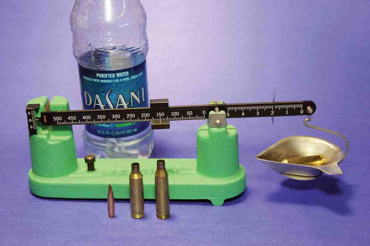 Water capacity of the 6mm Creedmoor (left) was slightly less than that of the .243 Winchester (right) with a Berger 105-grain VLD seated, though it operates at a higher pressure.